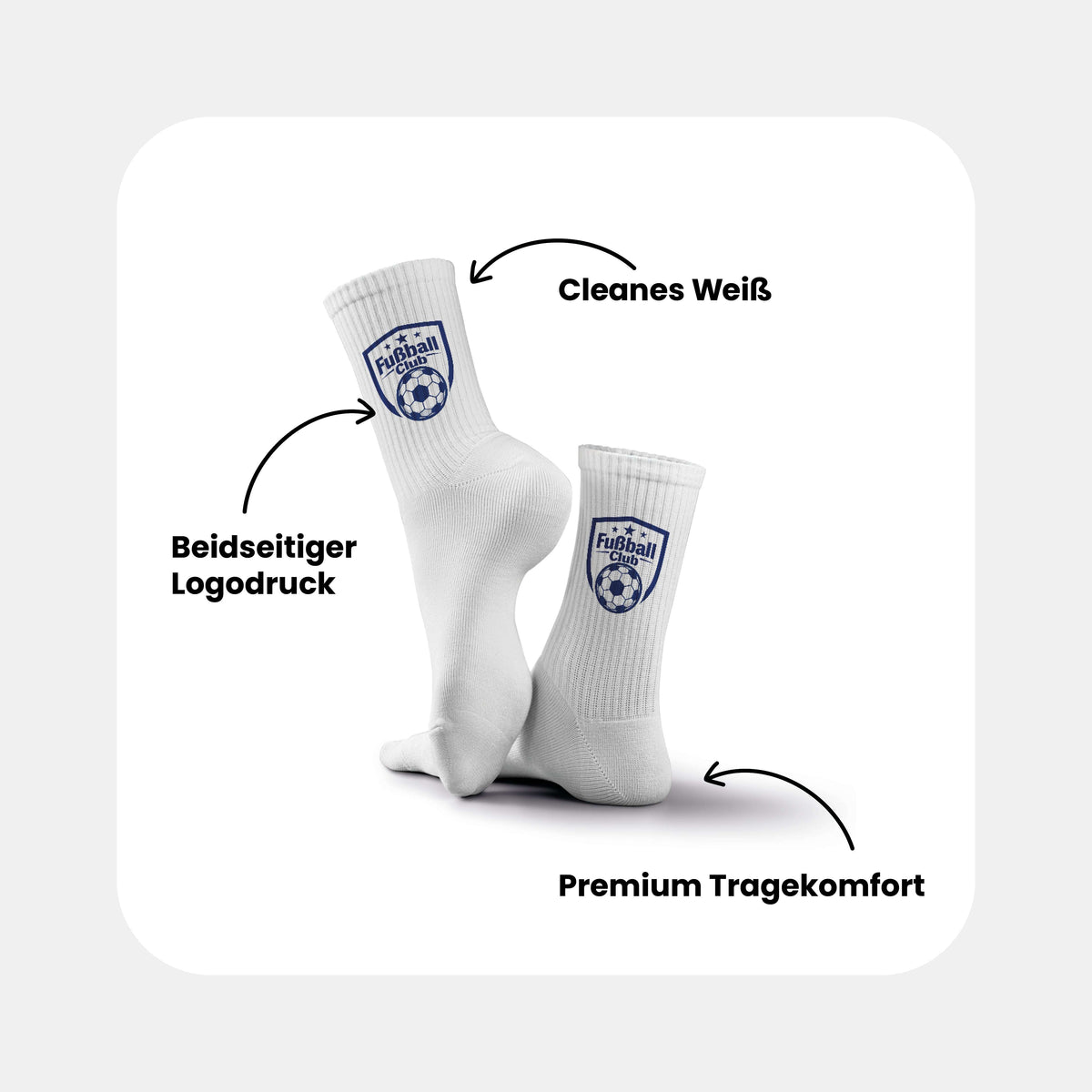Grafik: Classic Tennissocken in Weiß mit beidseitigem Logodruck und Premium Tragekomfort – Vorteile auf einen Blick.