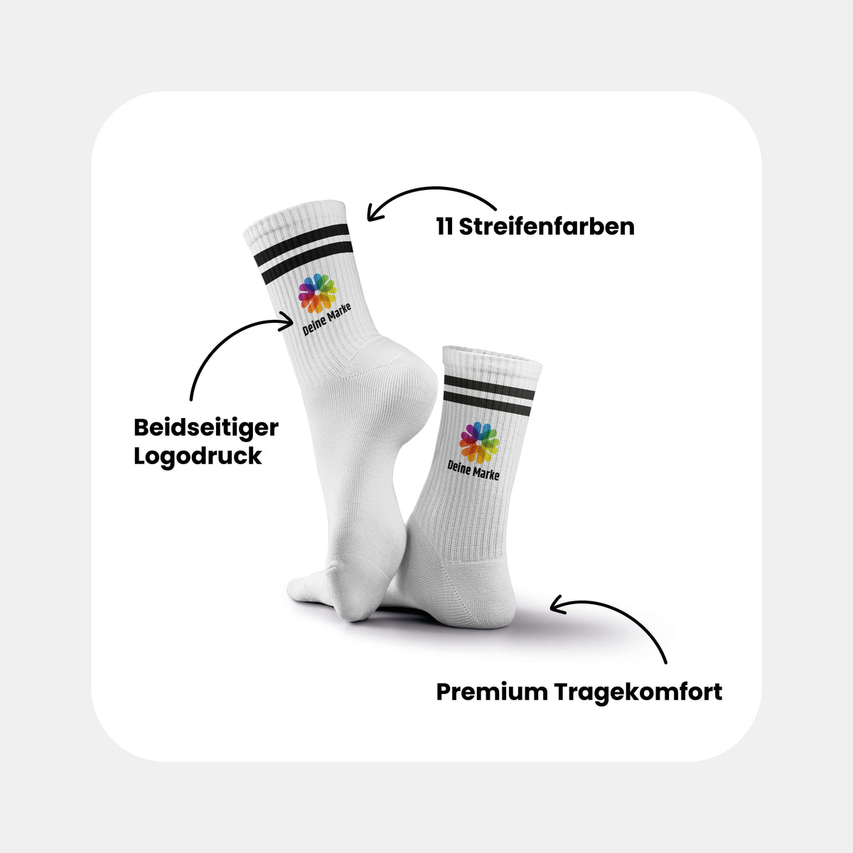Grafik: Tennissocken Streifen-Edition – 11 Streifenfarben, beidseitiger Logodruck und Premium Tragekomfort.