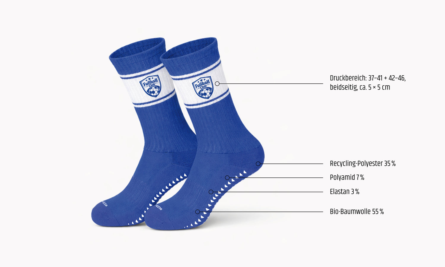 Fußballsocken Performance – Grip Edition mit Druckbereich am Schaft (beidseitig ca. 5×5 cm) und Materialmix aus Bio-Baumwolle, Recycling-Polyester, Polyamid und Elastan.