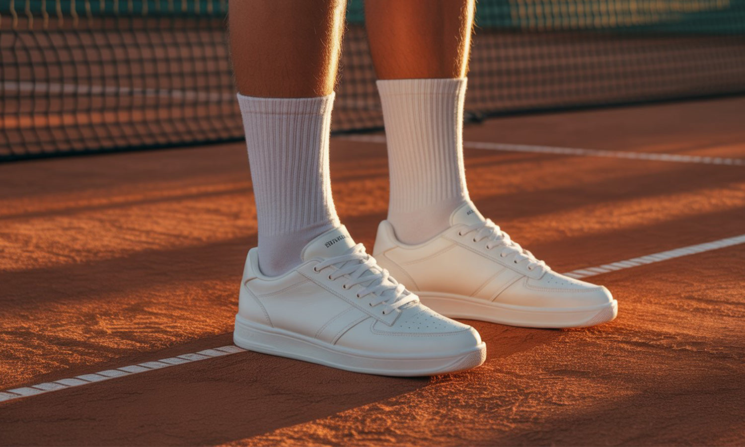 Weiße Tennissocken mit Sneakern auf dem Tennisplatz – individuelle Socken mit Logo von Sockenprinz.
