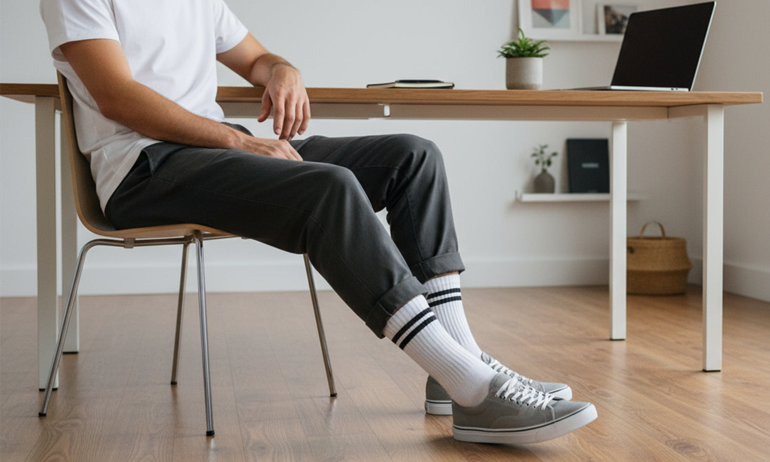 Weiße Socken mit schwarzen Streifen, getragen mit grauen Sneakern und Hose – individuell bedruckbare Herrensocken von Sockenprinz.