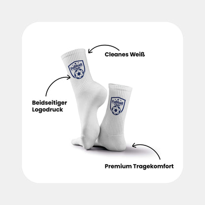 Grafik: Classic Tennissocken in Weiß mit beidseitigem Logodruck und Premium Tragekomfort – Vorteile auf einen Blick.