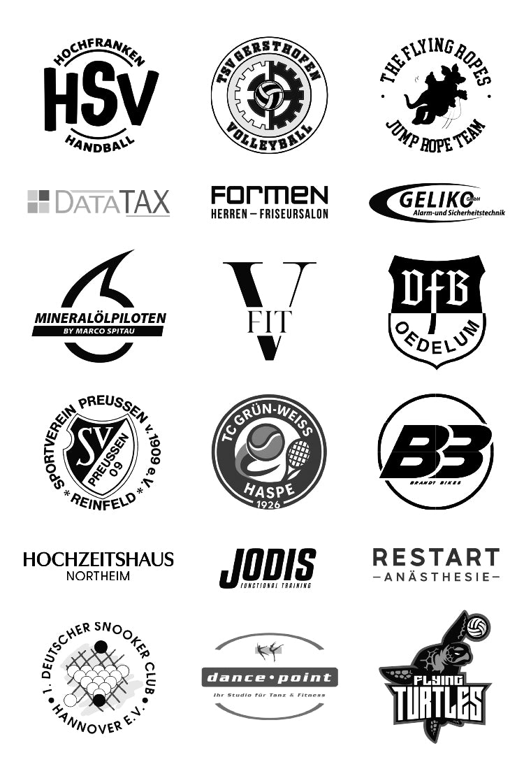 Referenzen: Logos von Kunden, die bei Sockenprinz Tennissocken mit Logo bedrucken lassen.