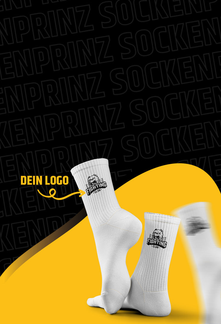 Individuell bedruckte Socken mit Logo von Sockenprinz – personalisierte Tennissocken für Teams und Unternehmen, schnell geliefert aus Deutschland.
