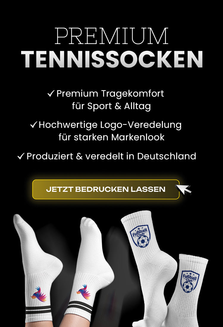 Mobiles Banner: Premium Tennissocken bedrucken lassen – Tragekomfort, Logo-Veredelung, produziert in Deutschland.
