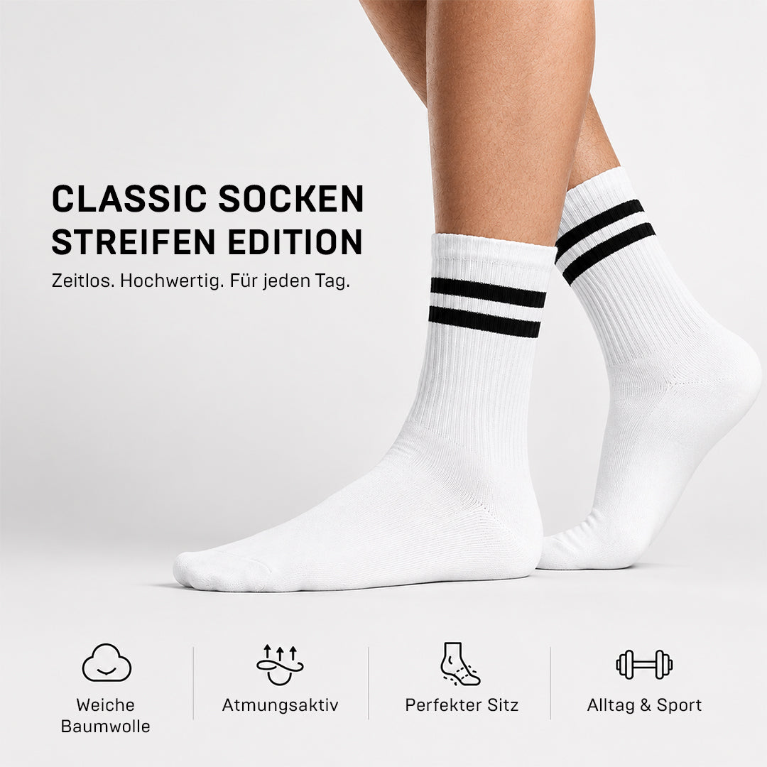Produktfoto: Weiße Tennissocken mit Streifen am Bund (Streifen-Edition).