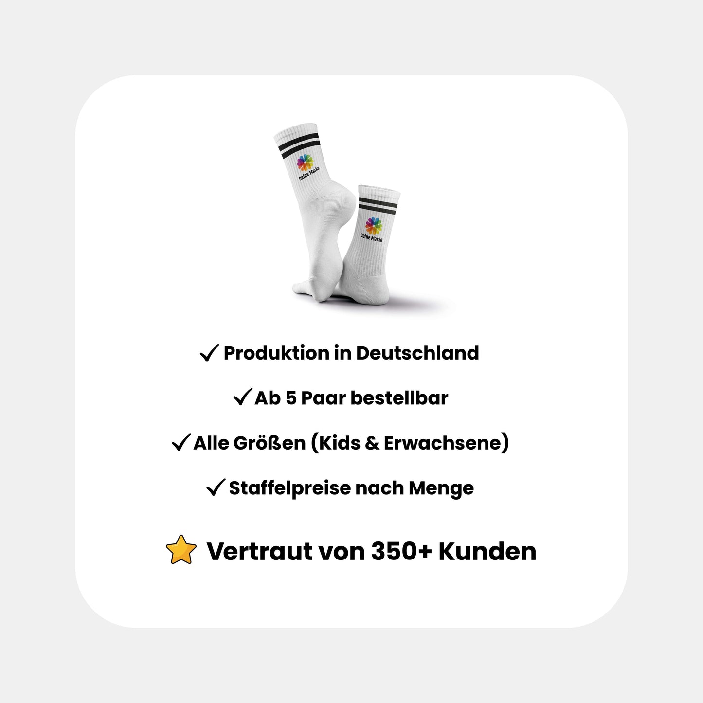 Vorteile & Trust: Produktion in Deutschland, ab 5 Paar bestellbar, alle Größen (Kids & Erwachsene), Staffelpreise nach Menge – vertraut von 350+ Kunden.