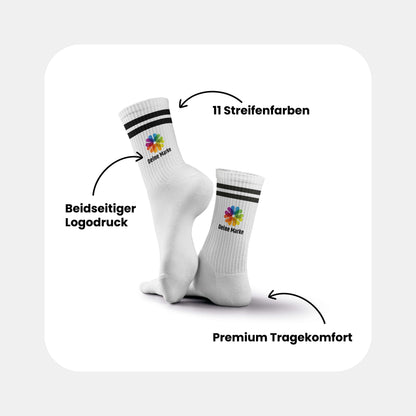 Grafik: Tennissocken Streifen-Edition – 11 Streifenfarben, beidseitiger Logodruck und Premium Tragekomfort.