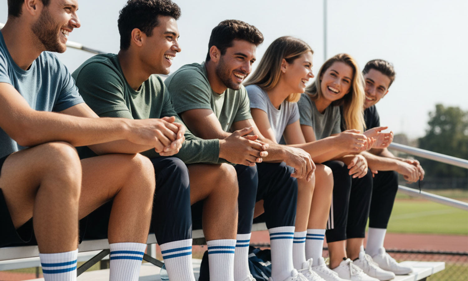 Team von jungen Menschen sitzt lachend auf der Tribüne und trägt weiße Tennissocken mit blauen Streifen – personalisierte Socken von Sockenprinz für Teams, Vereine und Firmen.