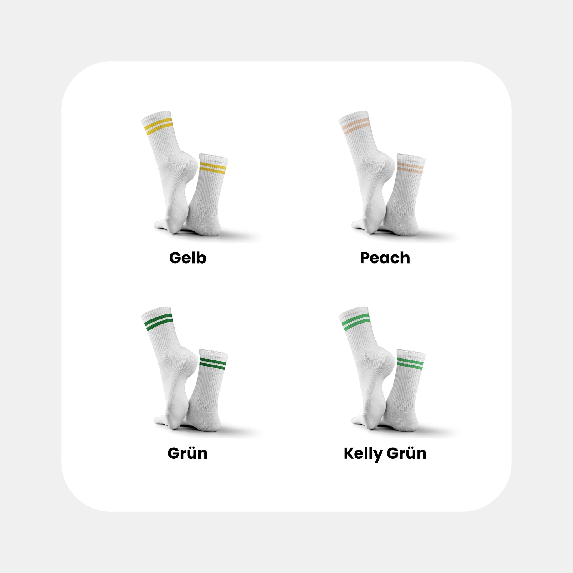 Tennissocken Classic Streifen Edition – Farbübersicht mit Streifenfarben Gelb, Peach, Grün und Kelly Grün