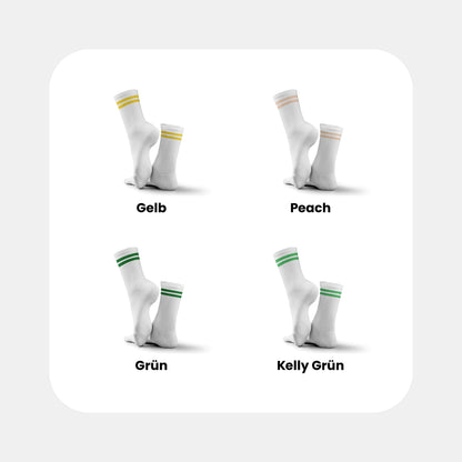 Tennissocken Classic Streifen Edition – Farbübersicht mit Streifenfarben Gelb, Peach, Grün und Kelly Grün
