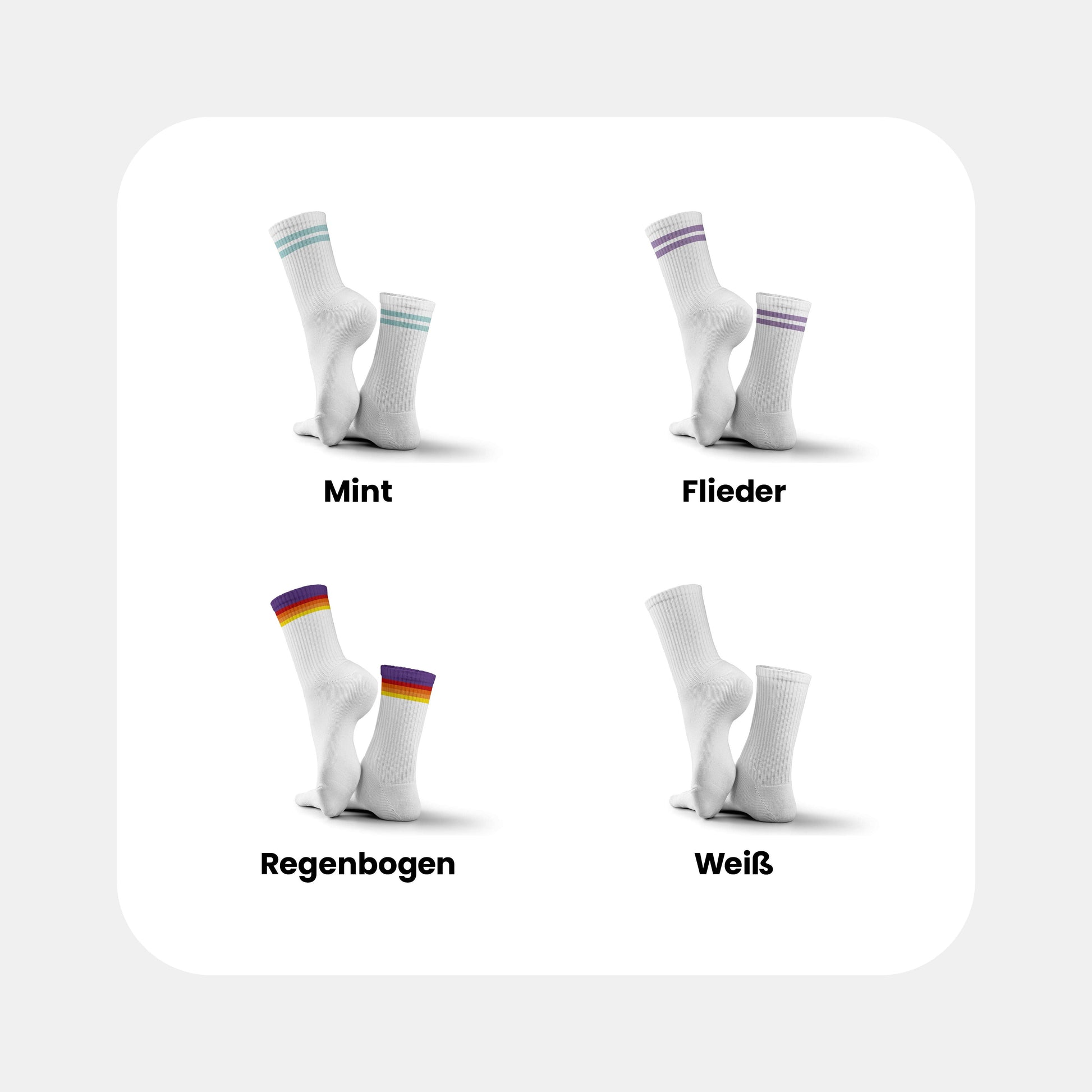 Tennissocken Classic Streifen Edition – Farbübersicht mit Streifenfarben Mint, Flieder, Regenbogen und Weiß