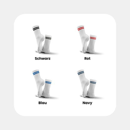 Tennissocken Classic Streifen Edition – Farbübersicht mit Streifenfarben Schwarz, Rot, Blau und Navy