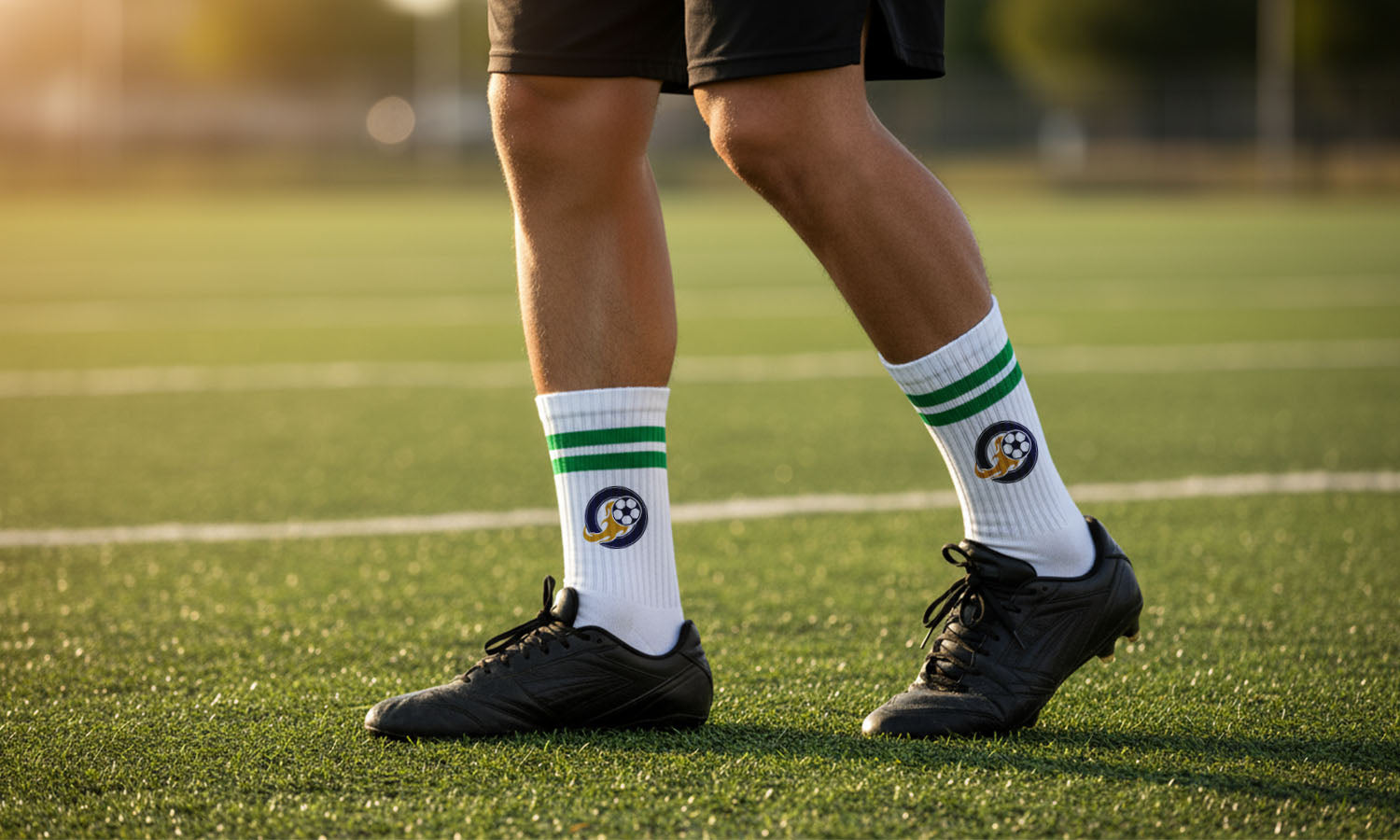 Sportler mit individuell bedruckten Tennissocken auf dem Spielfeld – Symbol für Qualität, Nachhaltigkeit und Teamgeist.